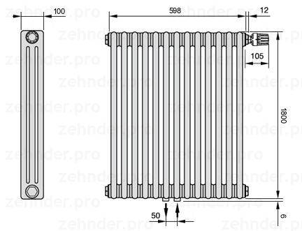 Схема (чертеж) Радиатор Zehnder Charleston 3180/13 №V008 Белый глянцевый RAL 9016
